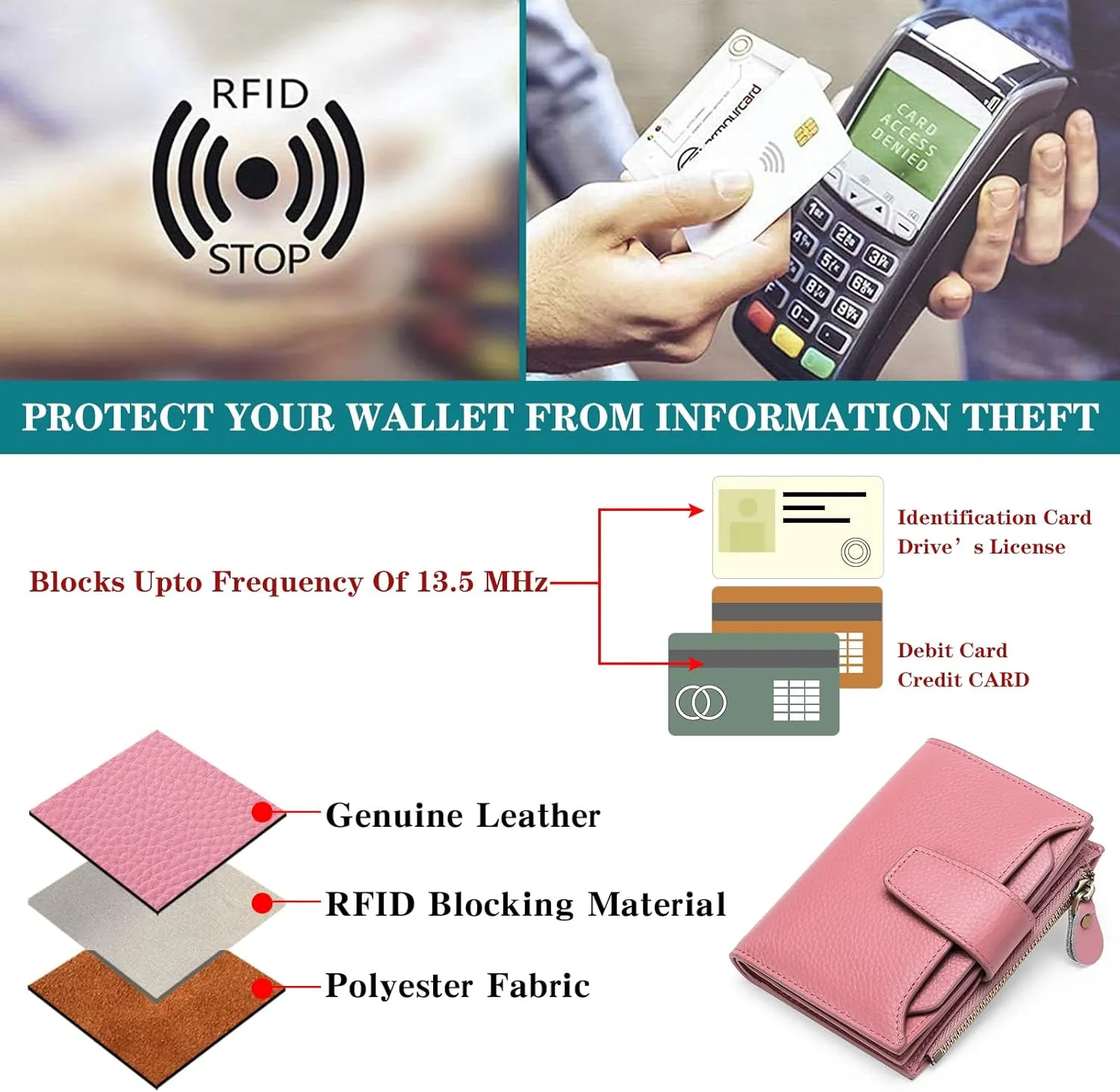 FALAN MULE Women's Genuine Leather Wallet, Compact Size, RFID Blocking, 14 Slots, 2 Zippered Pockets, 2 Bill Compartments, Includes Coin Pouch, Card Holders, AY-Lichee Pink