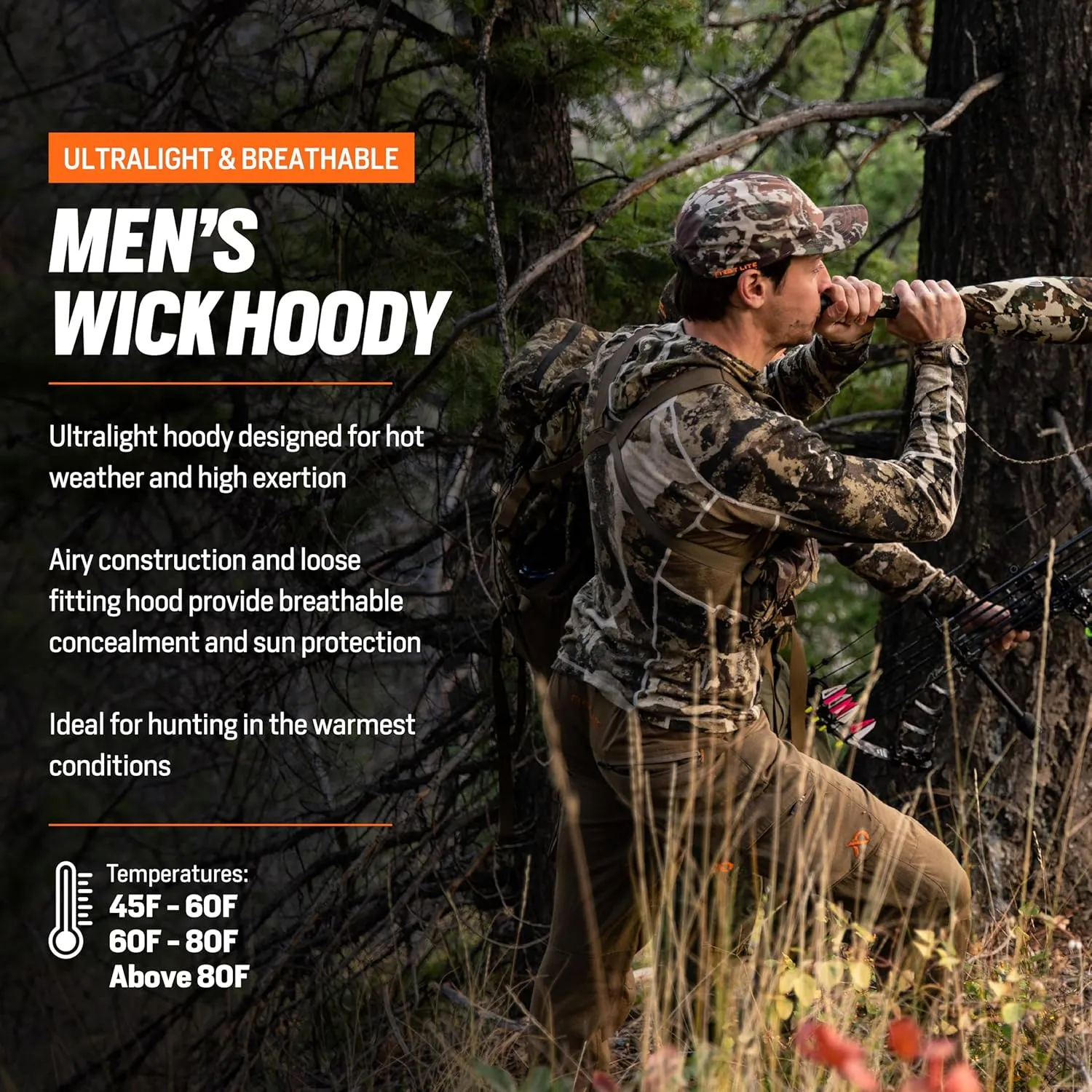 First Lite Mens Wick Hoody - Merino Wool Ultralight Camo Hunting Base Layer, Quick Dry, UV Protection Hunting Clothing