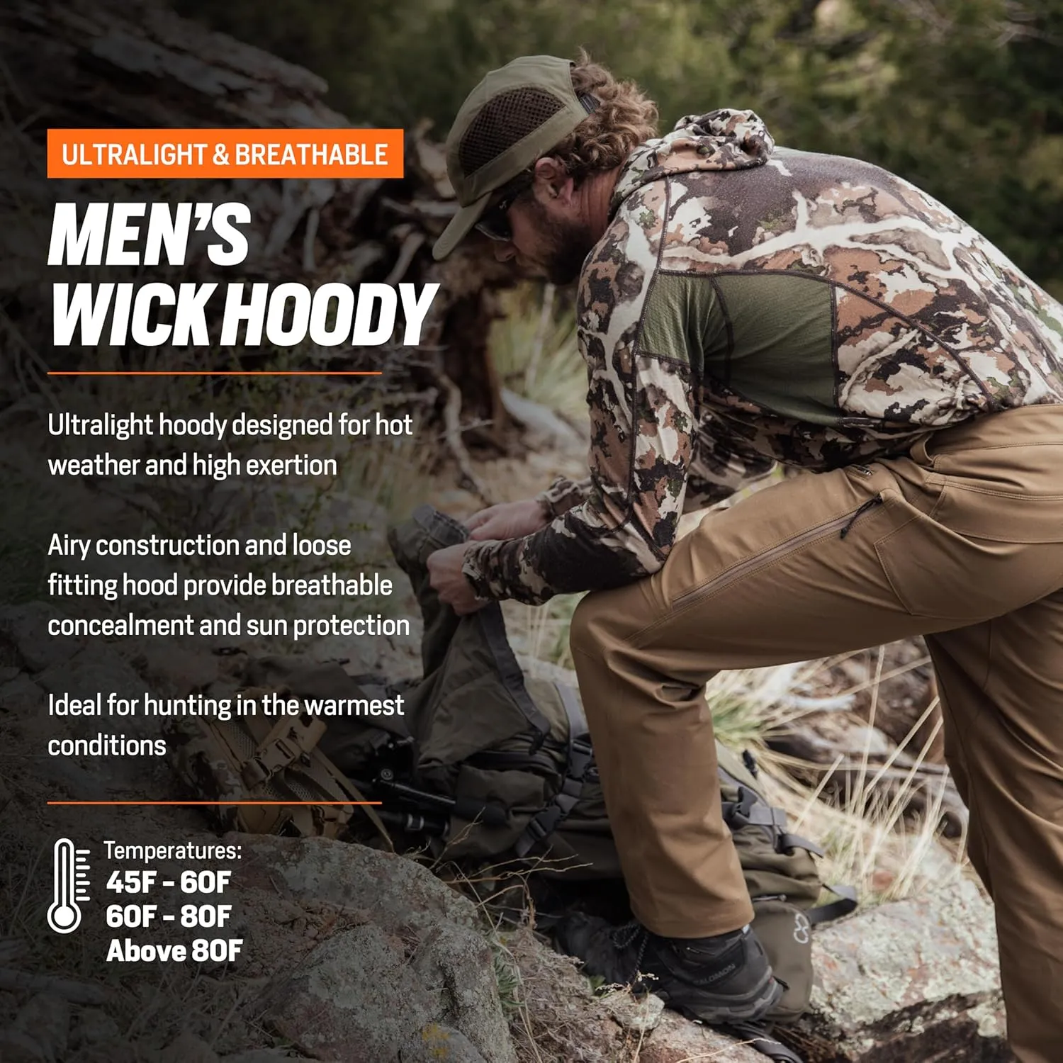 First Lite Mens Wick Hoody - Merino Wool Ultralight Camo Hunting Base Layer, Quick Dry, UV Protection Hunting Clothing