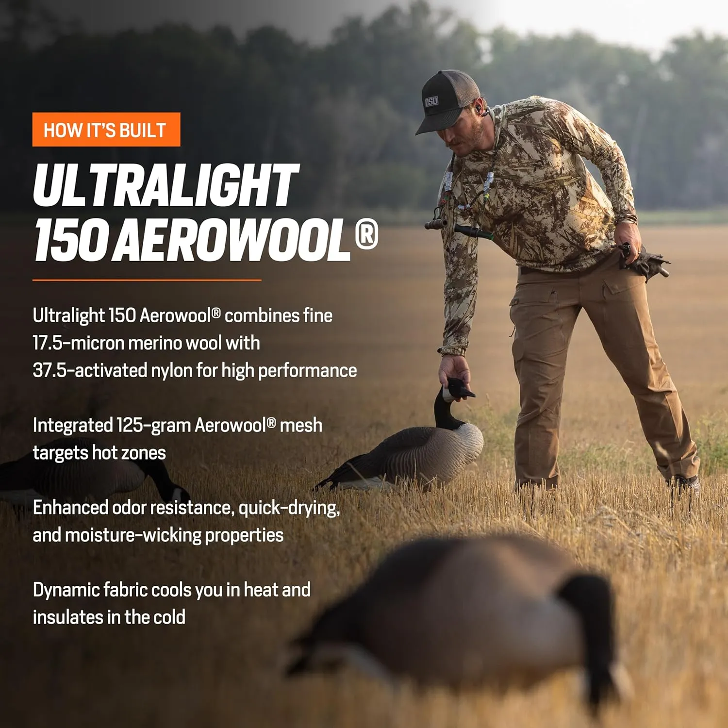 First Lite Mens Wick Hoody - Merino Wool Ultralight Camo Hunting Base Layer, Quick Dry, UV Protection Hunting Clothing