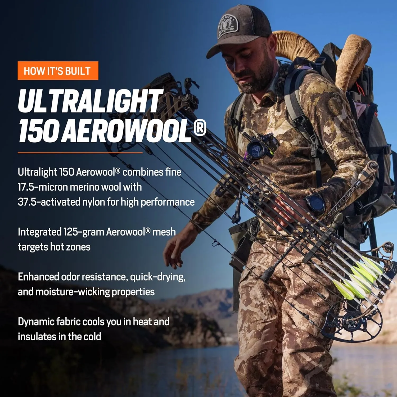 First Lite Mens Wick Hoody - Merino Wool Ultralight Camo Hunting Base Layer, Quick Dry, UV Protection Hunting Clothing