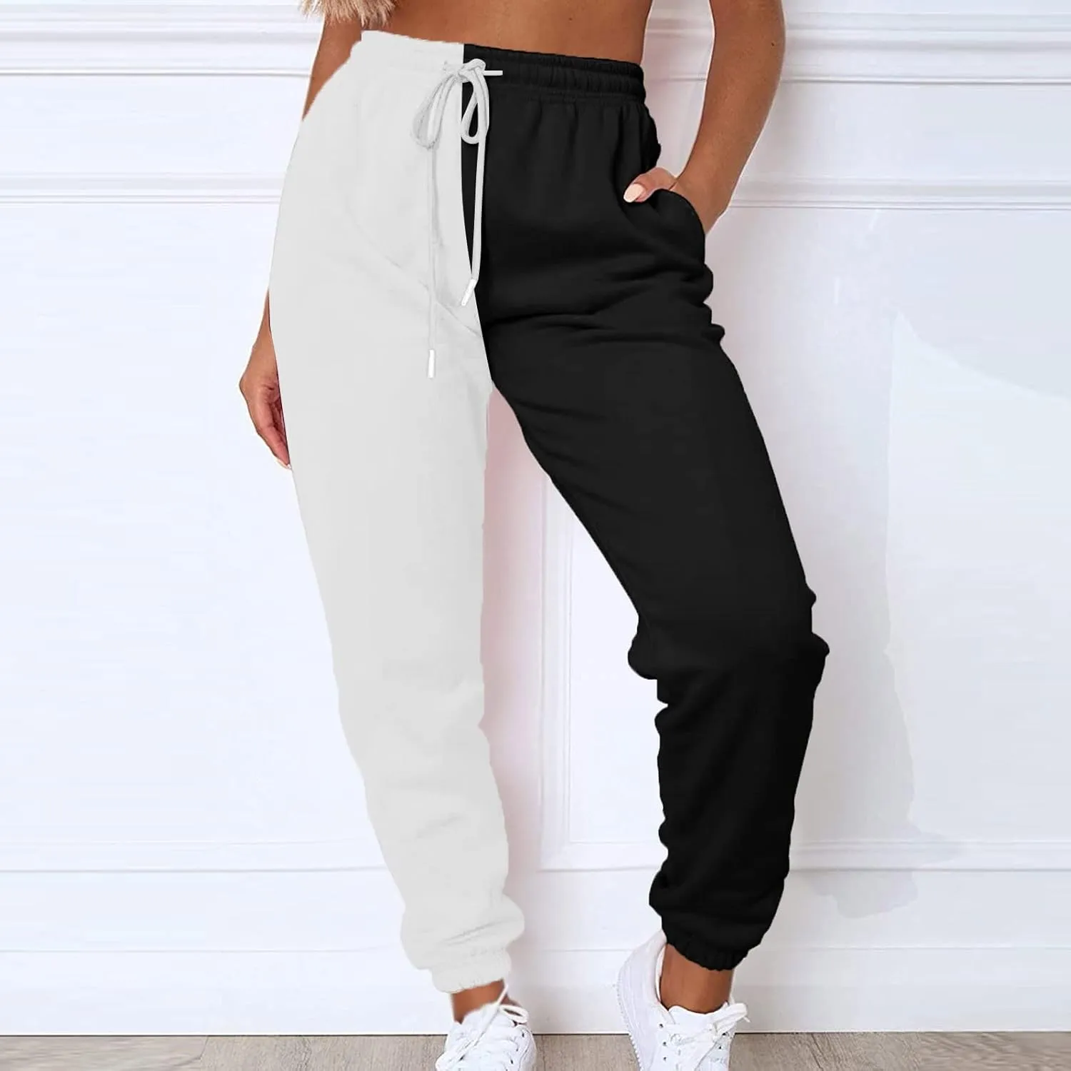 Fleece Straight Leg Sweatpants for Women Elastic High Waisted Joggers with Pockets Lightweight Cinch Bottom Trousers