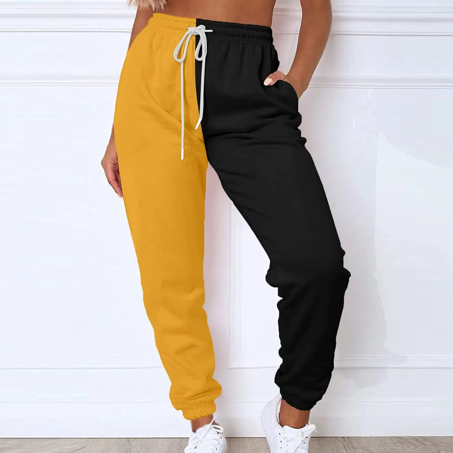 Fleece Straight Leg Sweatpants for Women Elastic High Waisted Joggers with Pockets Lightweight Cinch Bottom Trousers