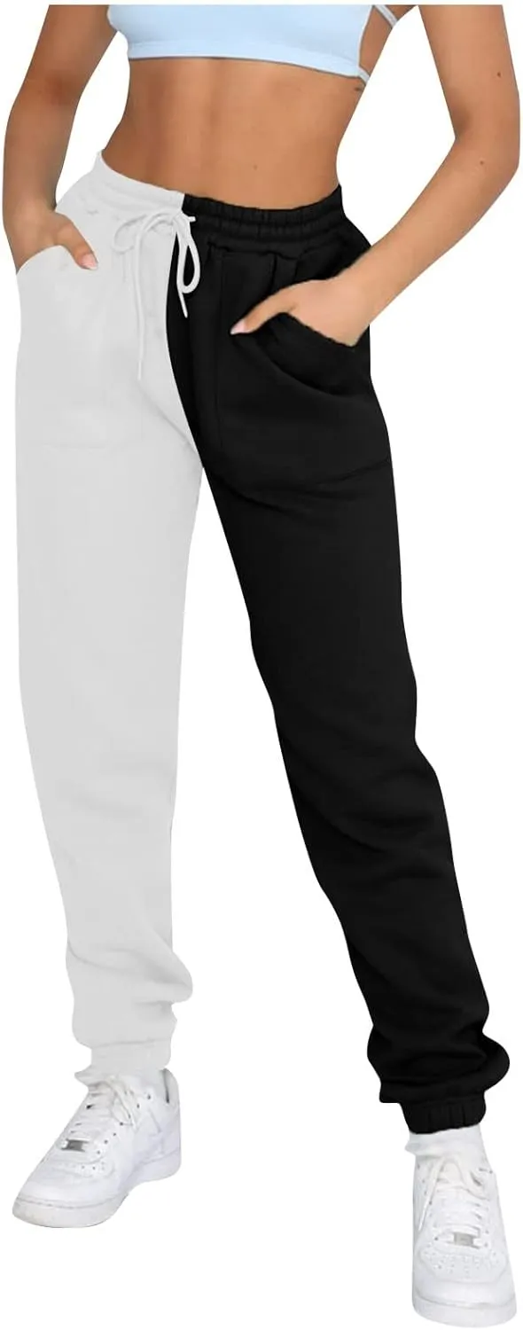 Fleece Straight Leg Sweatpants for Women Elastic High Waisted Joggers with Pockets Lightweight Cinch Bottom Trousers