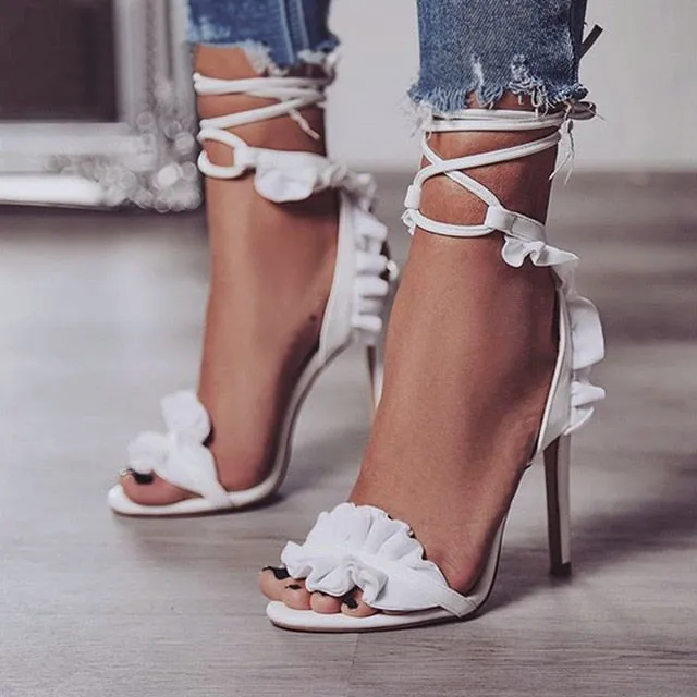 Floral Lace Up Peep Toe Heels