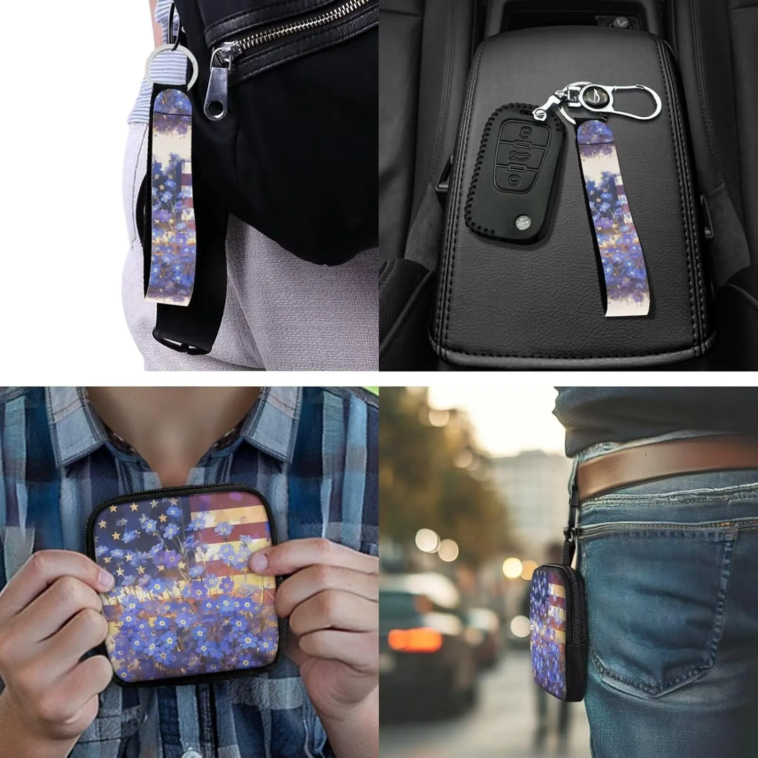 Forget Me Not Flowers Mini Zip Around Wallet with Keychain, Watercolor USA Flag Floral Tactical Coin Purse Compact Small Changes Pouch with Clip