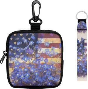 Forget Me Not Flowers Mini Zip Around Wallet with Keychain, Watercolor USA Flag Floral Tactical Coin Purse Compact Small Changes Pouch with Clip