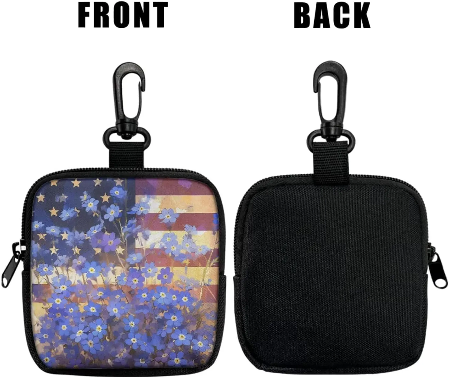 Forget Me Not Flowers Mini Zip Around Wallet with Keychain, Watercolor USA Flag Floral Tactical Coin Purse Compact Small Changes Pouch with Clip
