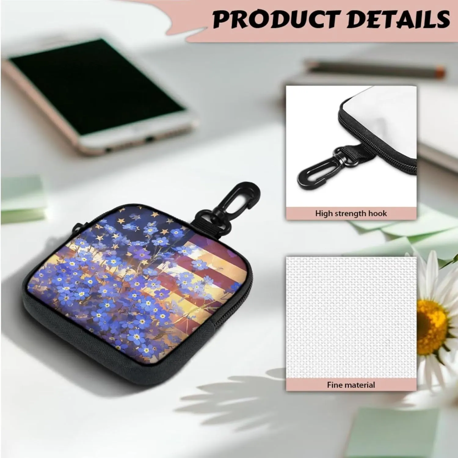 Forget Me Not Flowers Mini Zip Around Wallet with Keychain, Watercolor USA Flag Floral Tactical Coin Purse Compact Small Changes Pouch with Clip