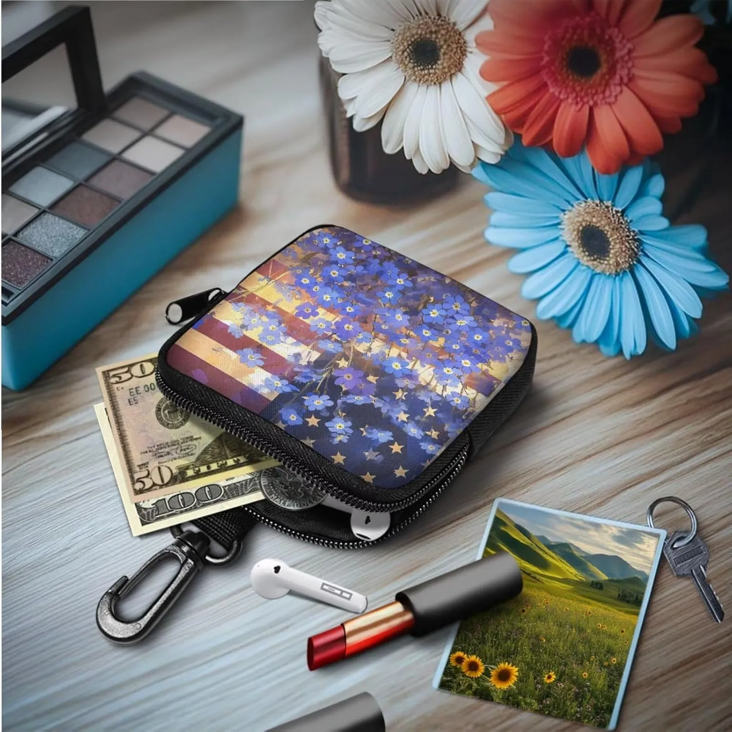 Forget Me Not Flowers Mini Zip Around Wallet with Keychain, Watercolor USA Flag Floral Tactical Coin Purse Compact Small Changes Pouch with Clip