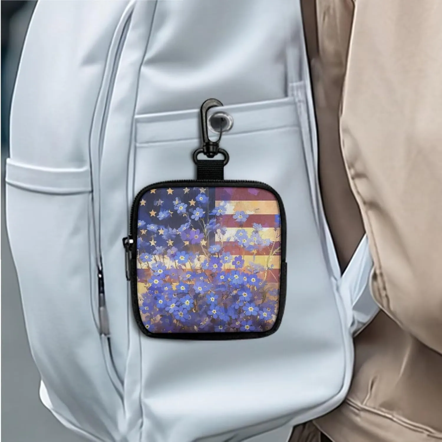 Forget Me Not Flowers Mini Zip Around Wallet with Keychain, Watercolor USA Flag Floral Tactical Coin Purse Compact Small Changes Pouch with Clip