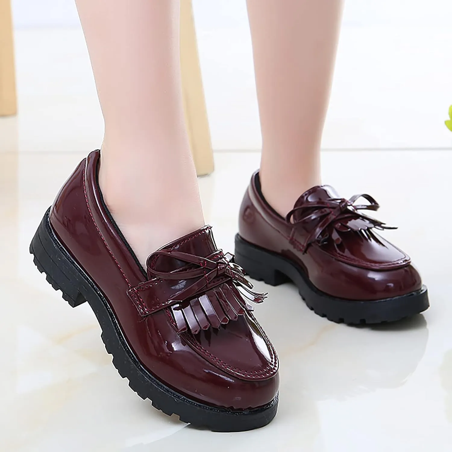 Girls Slip On Leather Loafer Tassel Bow School Dress Shoes For Girls Black Dress Shoes for Girls