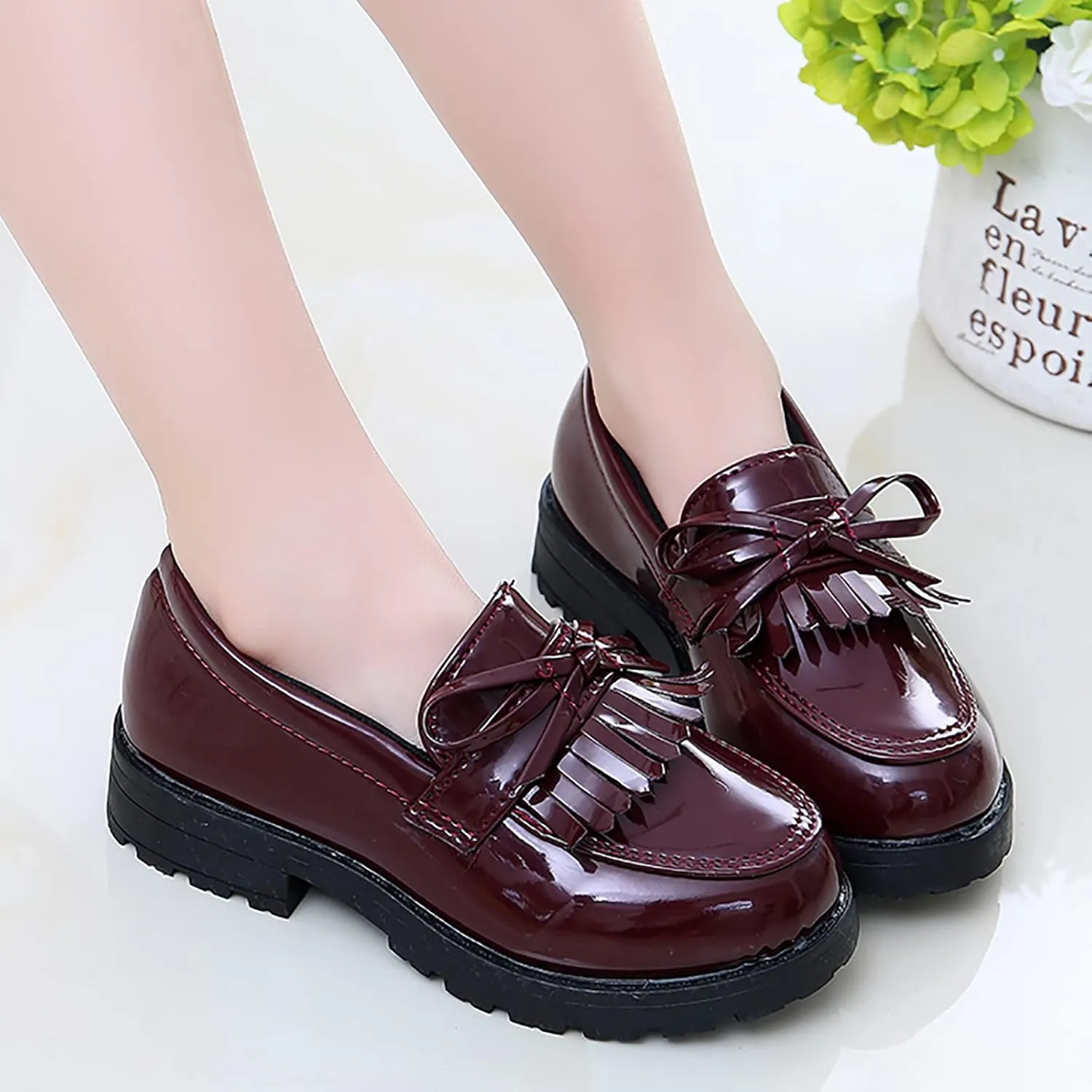 Girls Slip On Leather Loafer Tassel Bow School Dress Shoes For Girls Black Dress Shoes for Girls