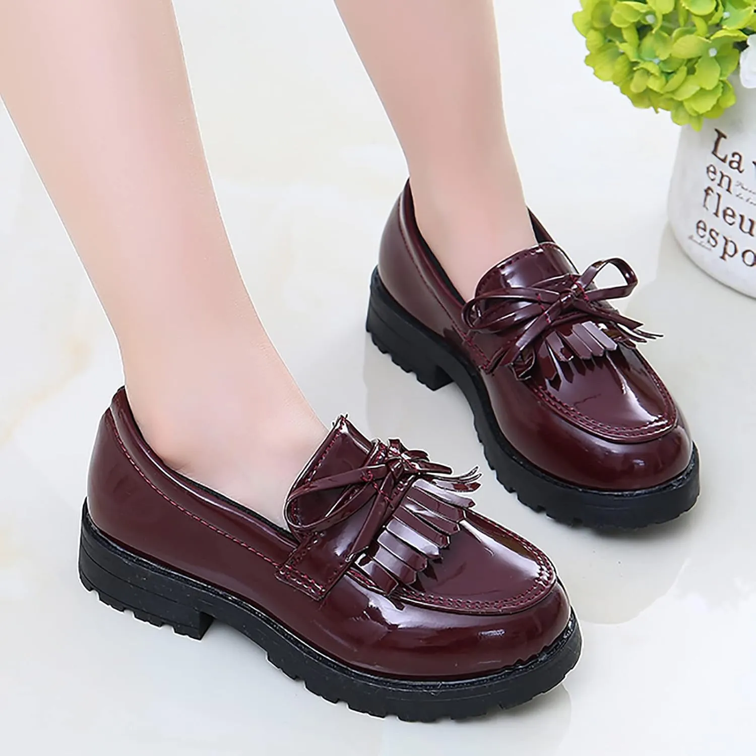 Girls Slip On Leather Loafer Tassel Bow School Dress Shoes For Girls Black Dress Shoes for Girls