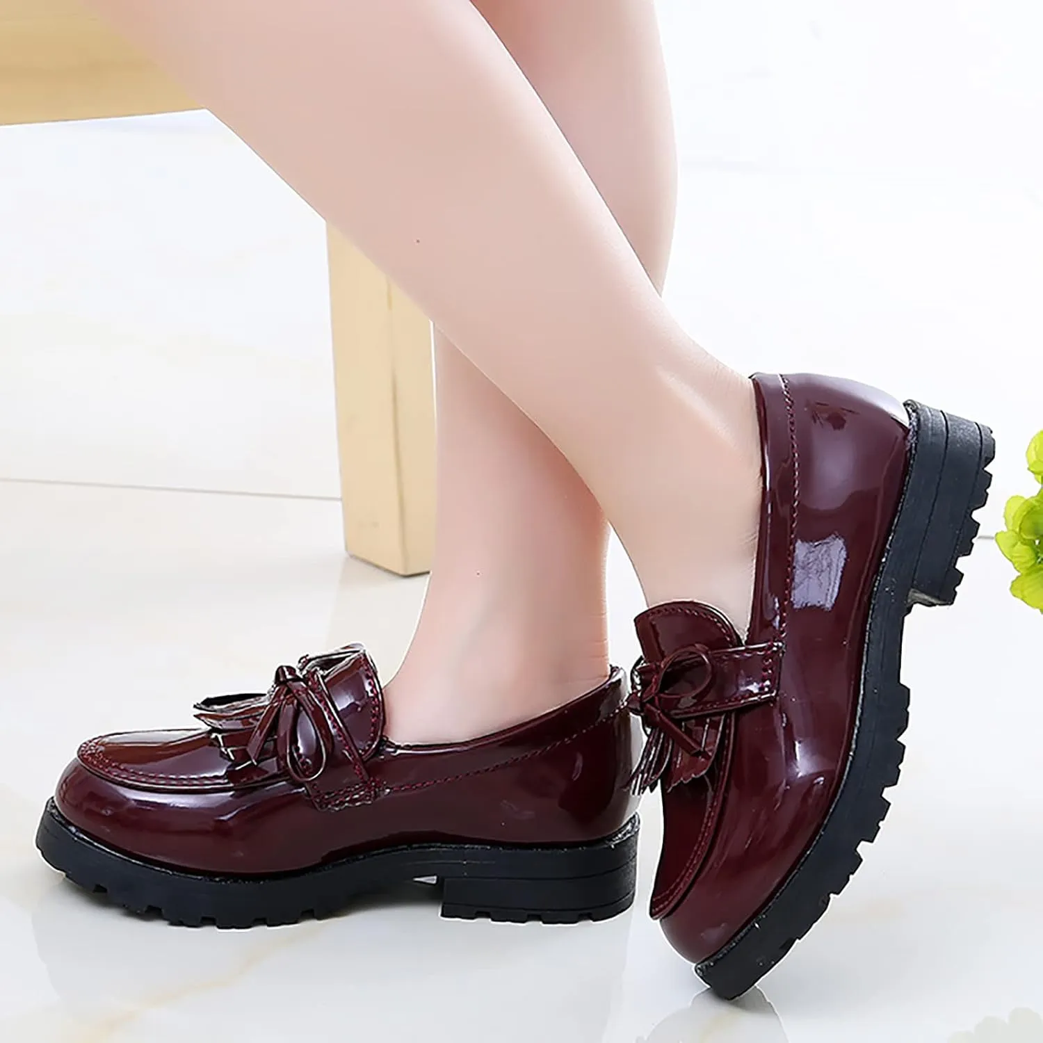 Girls Slip On Leather Loafer Tassel Bow School Dress Shoes For Girls Black Dress Shoes for Girls