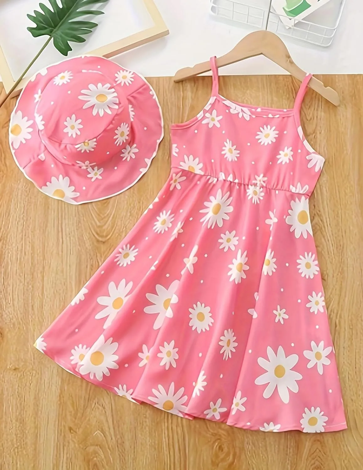 Girls Summer Dress with Hat Spaghetti Strap Cute Floral Sundress A-Line Swing Dresses for Casual Beach