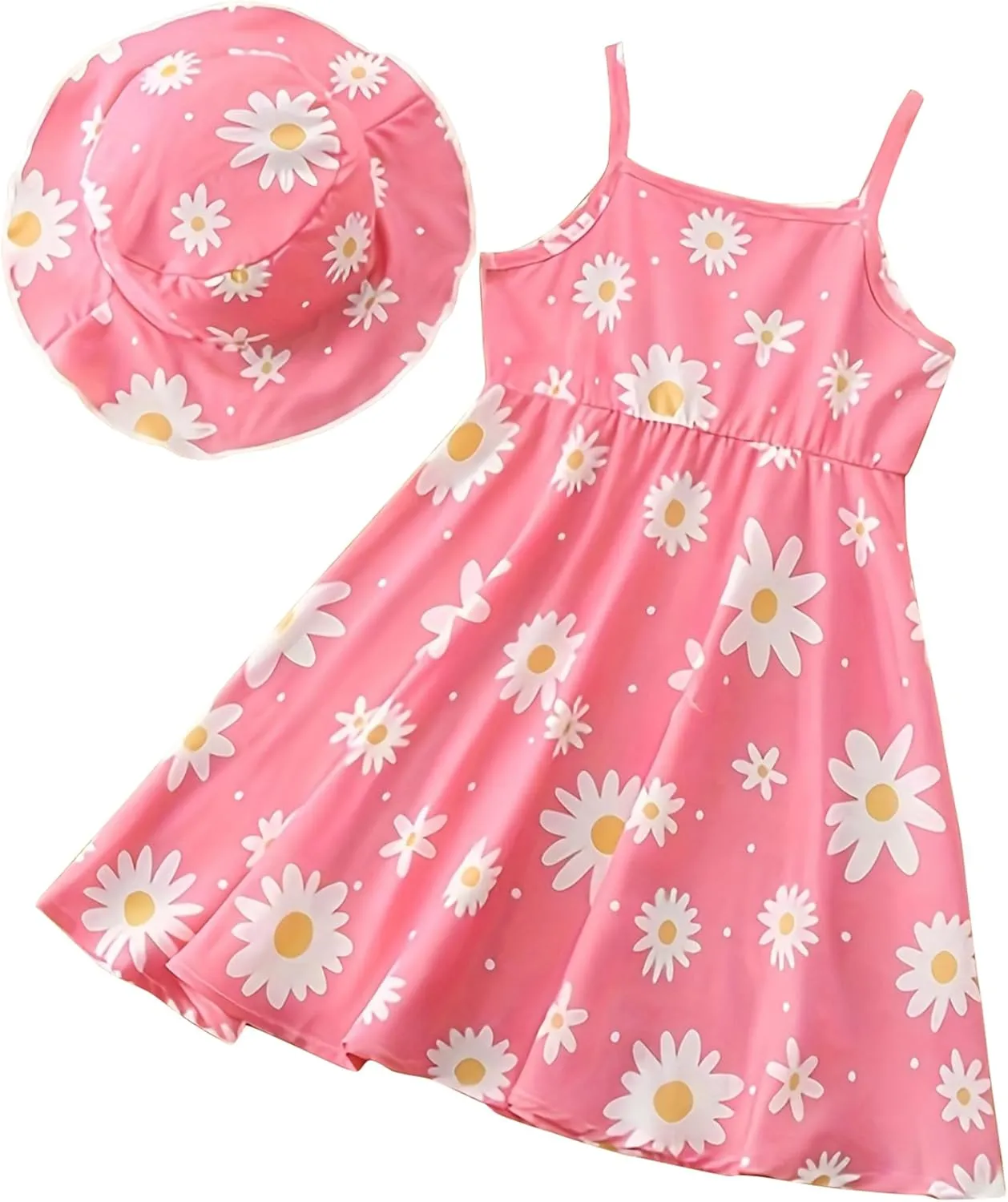 Girls Summer Dress with Hat Spaghetti Strap Cute Floral Sundress A-Line Swing Dresses for Casual Beach