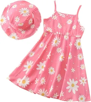 Girls Summer Dress with Hat Spaghetti Strap Cute Floral Sundress A-Line Swing Dresses for Casual Beach