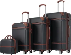Hardshell Luggage Set 4 Pieces with Spinner Suitcases and Cosmetic Case, Lightweight ABS, Black