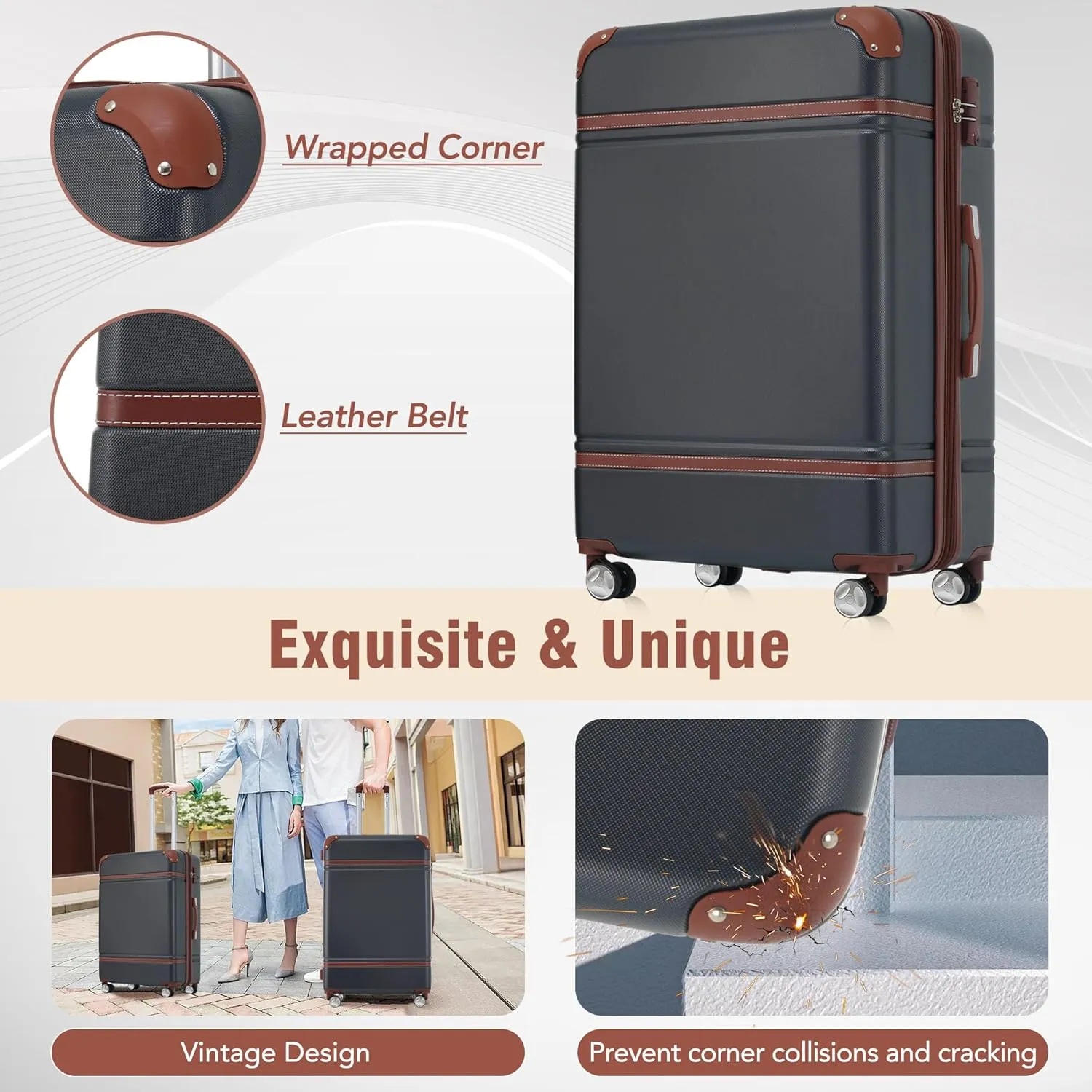 Hardshell Luggage Sets 3 Pieces 20" 28" Luggages and Cosmetic Case Spinner Suitcase with TSA Lock Lightweight (Black)