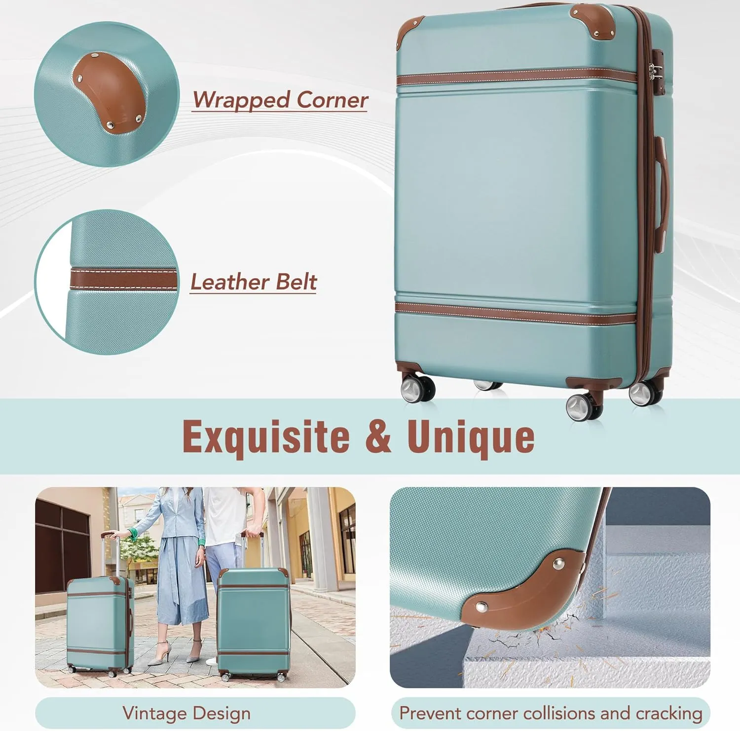 Hardshell Luggage Sets 3 Pieces 20" 28" Luggages and Cosmetic Case Spinner Suitcase with TSA Lock Lightweight (Green)