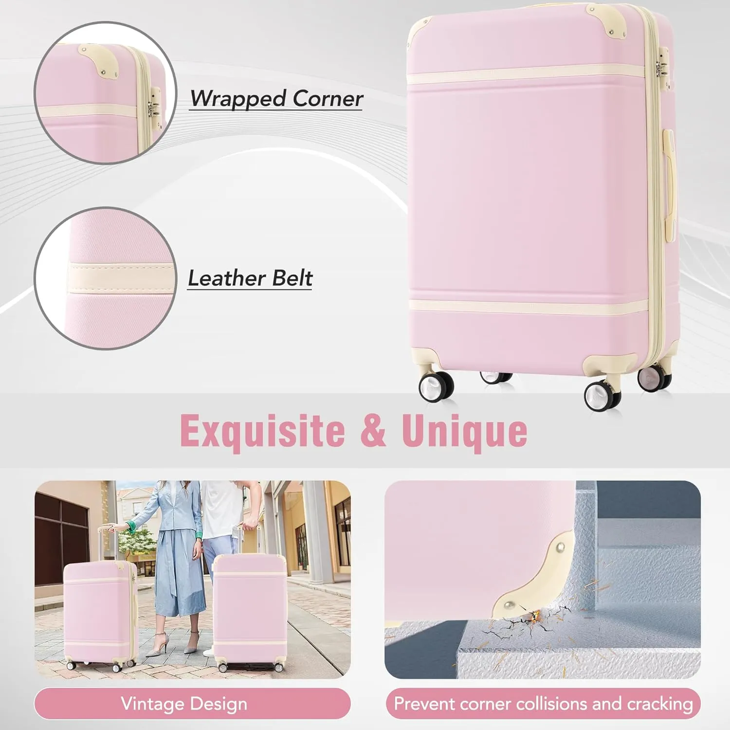 Hardshell Luggage Sets 3 Pieces 20" 28" Luggages and Cosmetic Case Spinner Suitcase with TSA Lock Lightweight (Light Pink)