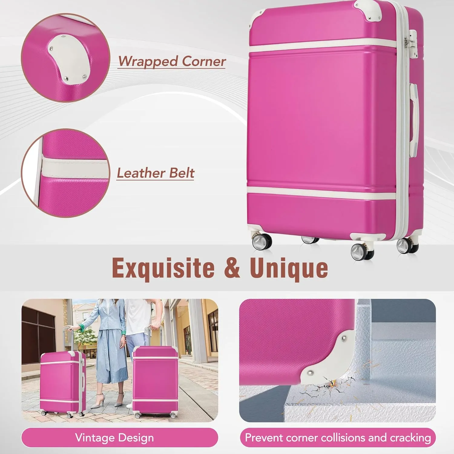 Hardshell Luggage Sets 3 Pieces 20" 28" Luggages and Cosmetic Case Spinner Suitcase with TSA Lock Lightweight (Pink)