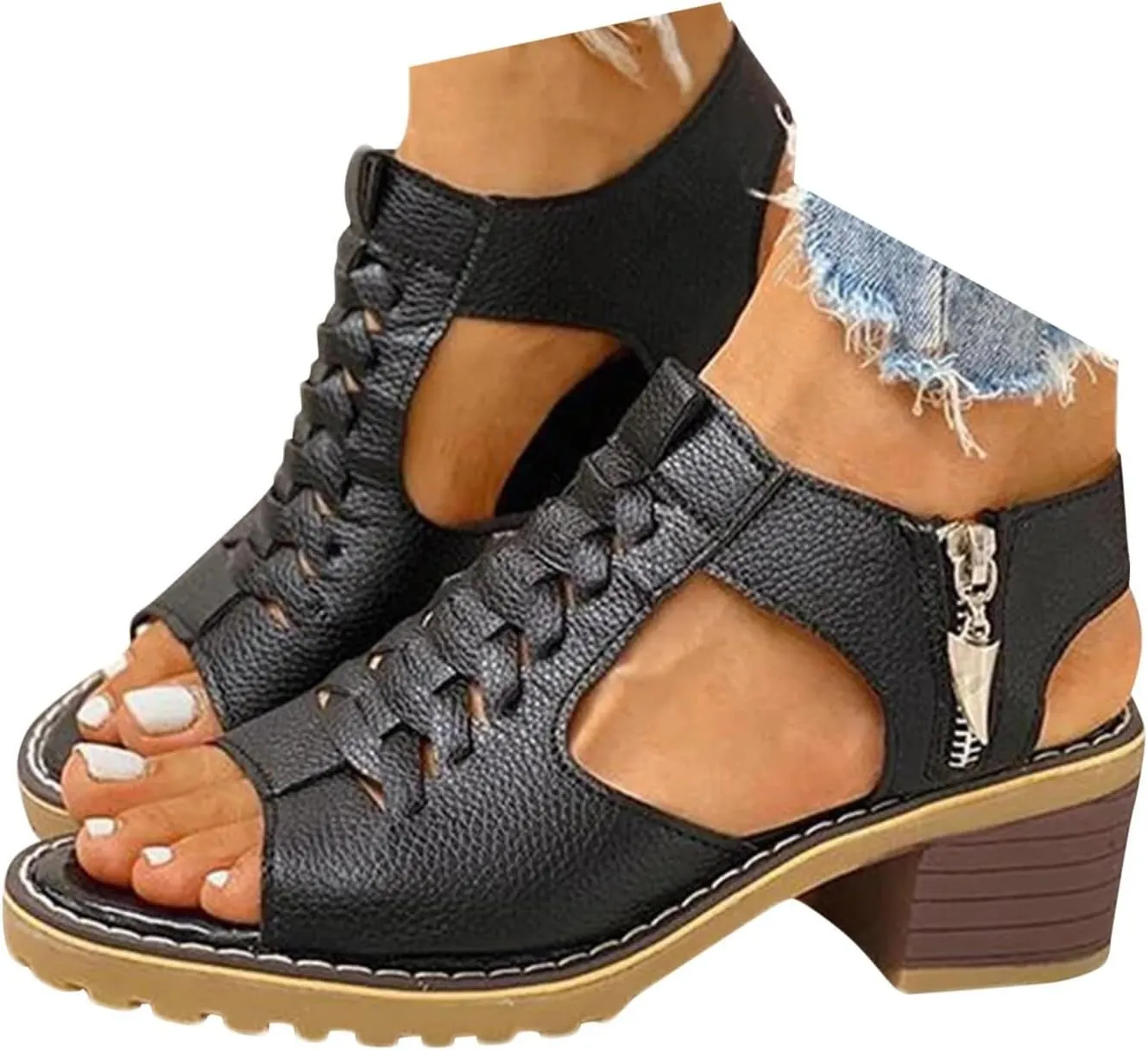 Heels for Women Wide Width Lace Up Peep Toe Chunky Block Sandals with Zipper Backless Orthopedic Sandal Ladies Cushion Footbed Non-Slip Casual Shoes forDaily Wear Outdoor Indoor