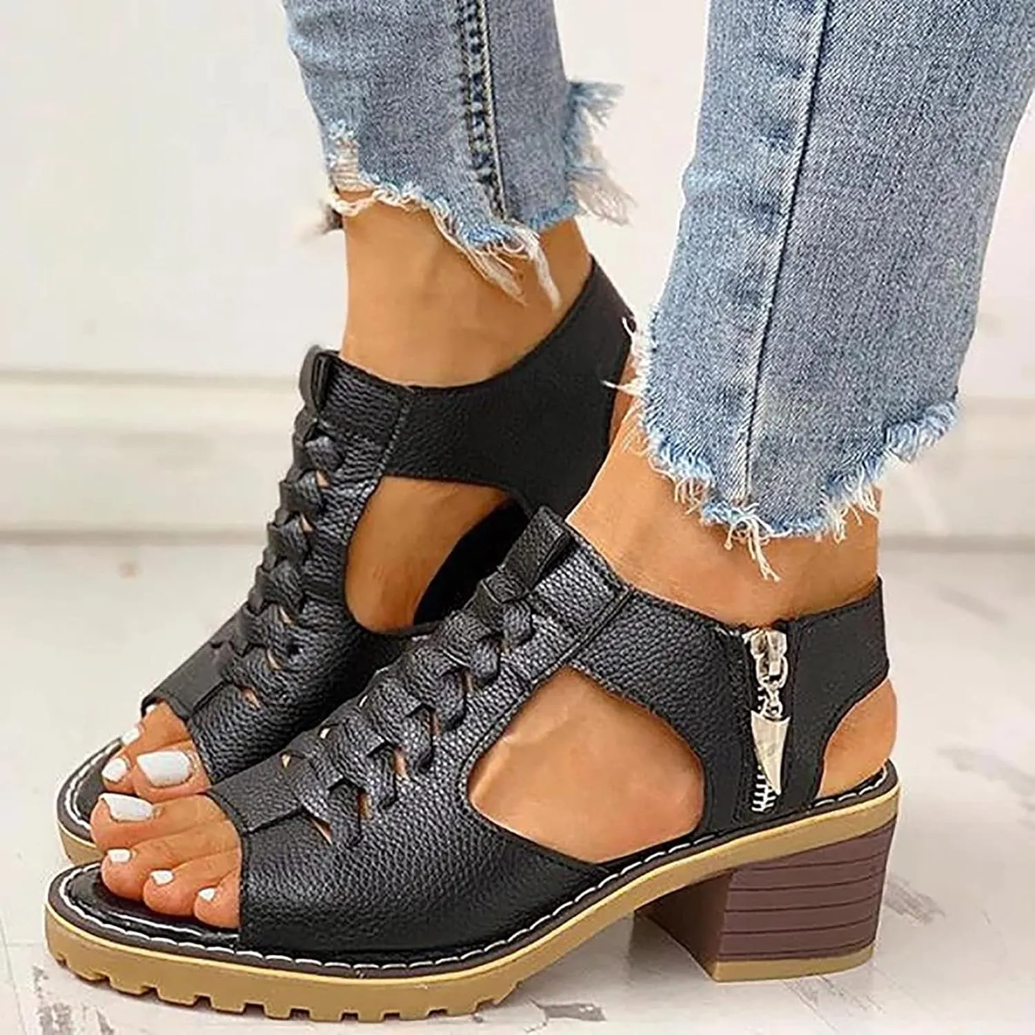 Heels for Women Wide Width Lace Up Peep Toe Chunky Block Sandals with Zipper Backless Orthopedic Sandal Ladies Cushion Footbed Non-Slip Casual Shoes forDaily Wear Outdoor Indoor