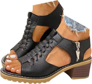 Heels for Women Wide Width Lace Up Peep Toe Chunky Block Sandals with Zipper Backless Orthopedic Sandal Ladies Cushion Footbed Non-Slip Casual Shoes forDaily Wear Outdoor Indoor