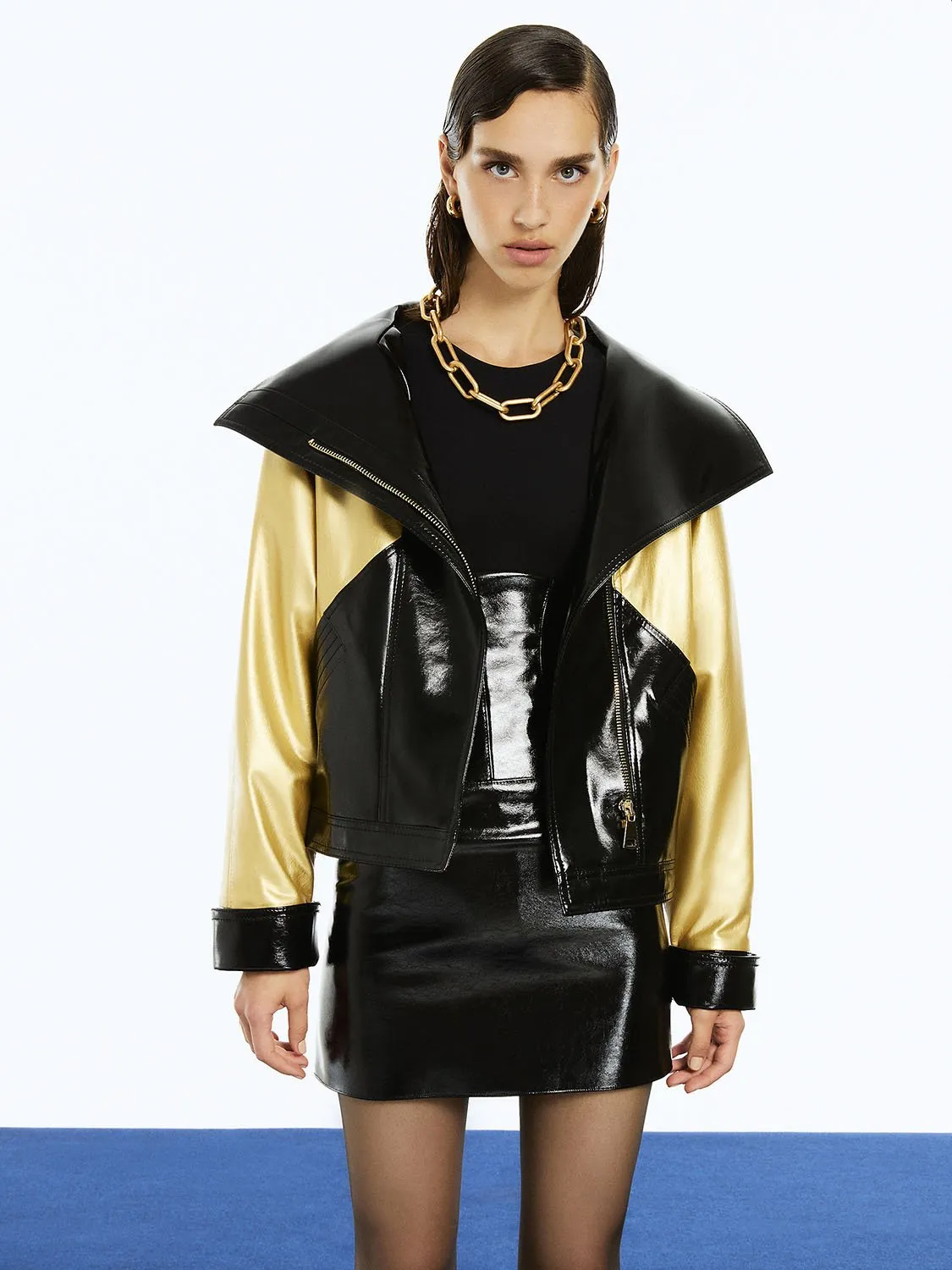 High-Waisted Faux Patent Leather Mini Skirt