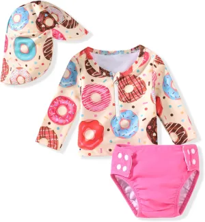 HINTINA Newborn Baby Girl Long Sleeve 2-Pieces Swimsuit Bathing Suit with Hat