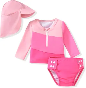 HINTINA Newborn Baby Girl Long Sleeve 2-Pieces Swimsuit Bathing Suit with Hat