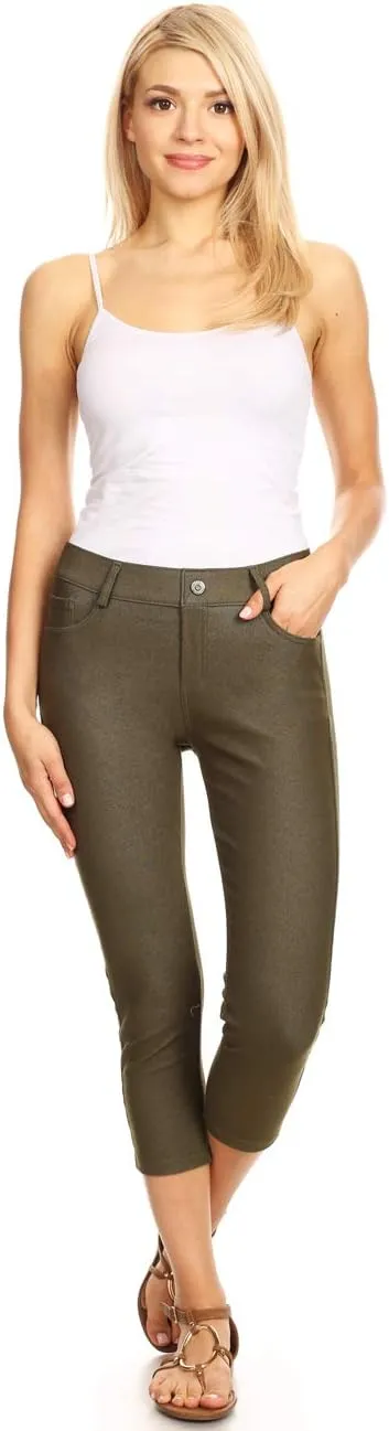 ICONOFLASH Women's Cotton 5 Pocket Bermuda Shorts No Muffin Top Pull On Knee Length Jeggings Stretchy Jean Leggings