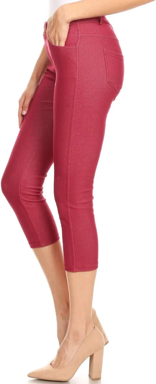 ICONOFLASH Women's Cotton 5 Pocket Bermuda Shorts No Muffin Top Pull On Knee Length Jeggings Stretchy Jean Leggings