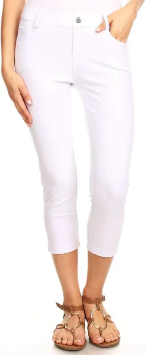 ICONOFLASH Women's Cotton 5 Pocket Bermuda Shorts No Muffin Top Pull On Knee Length Jeggings Stretchy Jean Leggings