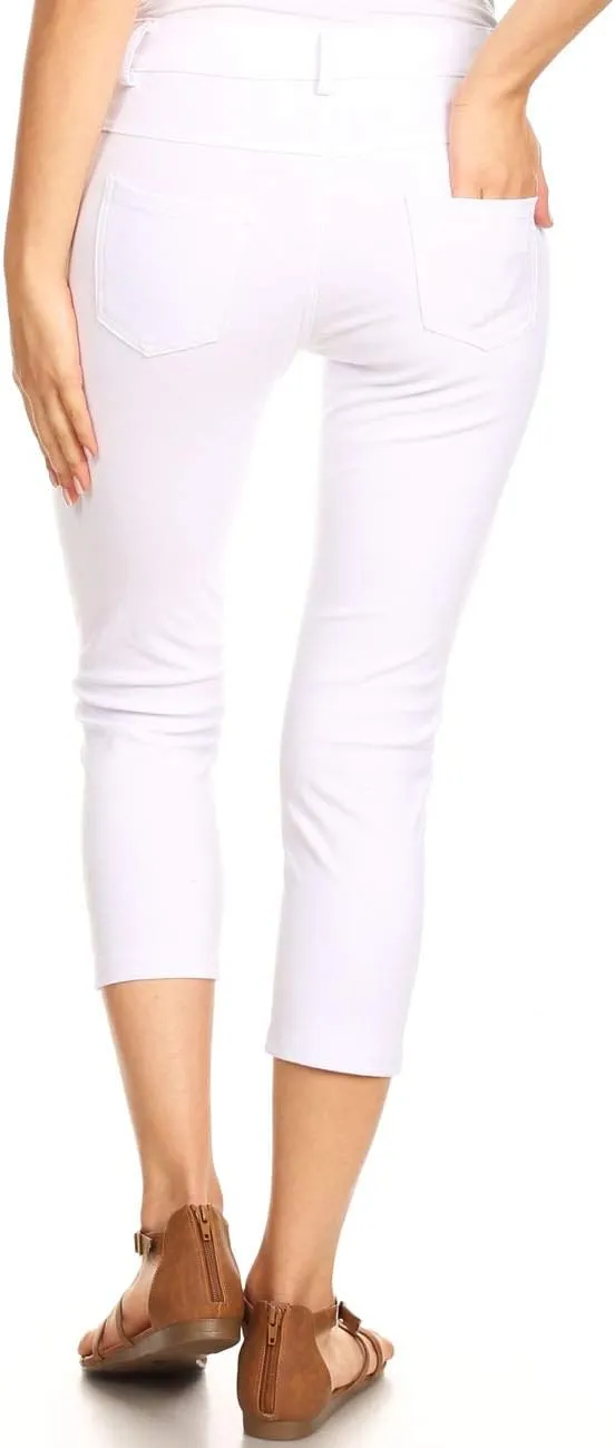 ICONOFLASH Women's Cotton 5 Pocket Bermuda Shorts No Muffin Top Pull On Knee Length Jeggings Stretchy Jean Leggings