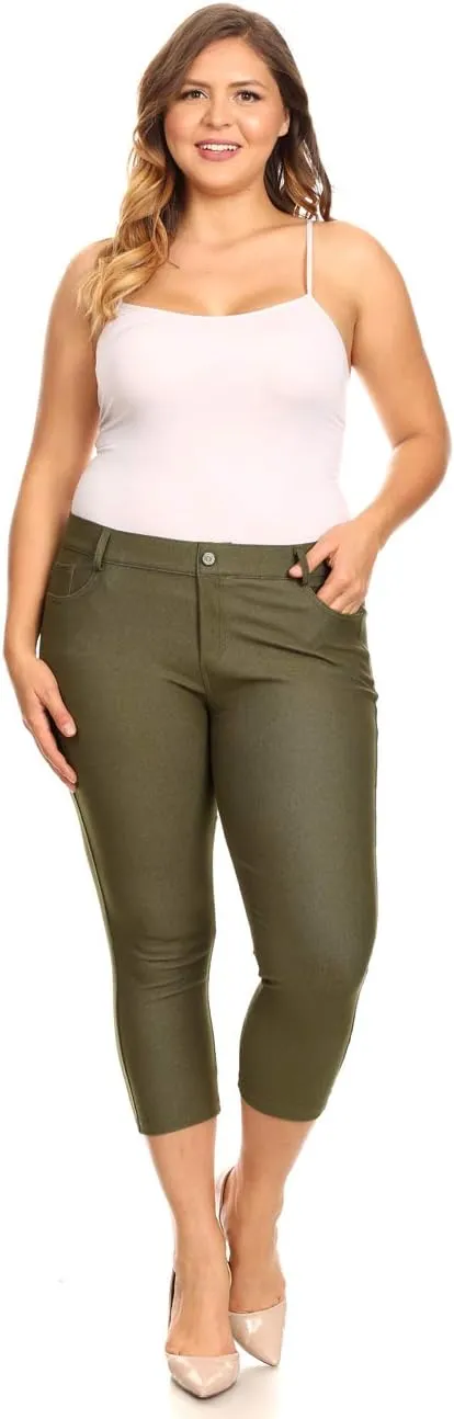 ICONOFLASH Women's Cotton 5 Pocket Bermuda Shorts No Muffin Top Pull On Knee Length Jeggings Stretchy Jean Leggings