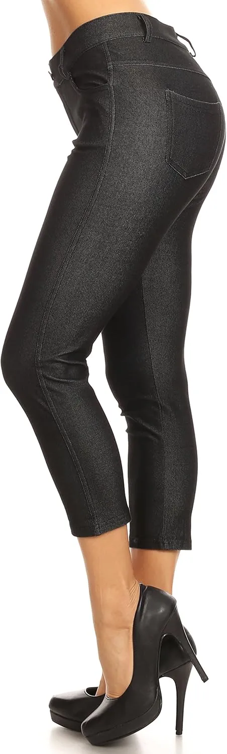 ICONOFLASH Women's Cotton 5 Pocket Bermuda Shorts No Muffin Top Pull On Knee Length Jeggings Stretchy Jean Leggings