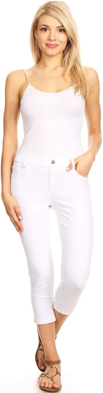 ICONOFLASH Women's Cotton 5 Pocket Bermuda Shorts No Muffin Top Pull On Knee Length Jeggings Stretchy Jean Leggings