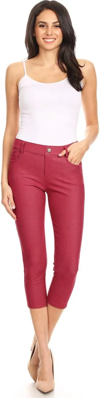 ICONOFLASH Women's Cotton 5 Pocket Bermuda Shorts No Muffin Top Pull On Knee Length Jeggings Stretchy Jean Leggings