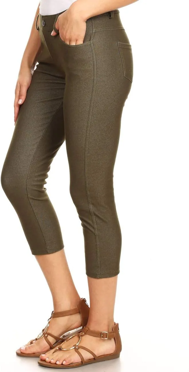 ICONOFLASH Women's Cotton 5 Pocket Bermuda Shorts No Muffin Top Pull On Knee Length Jeggings Stretchy Jean Leggings