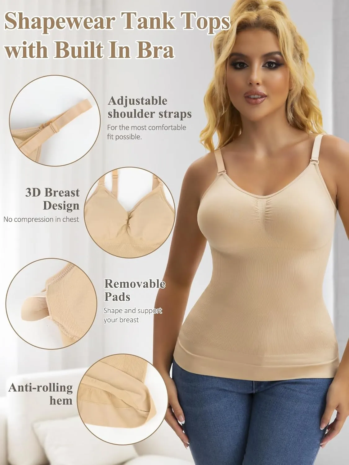 JOYSHAPER Women's Shapewear Tops Padded Bra Shapewear Tank Cami Shaper Seamless Compression Tank Tops Tummy Control Camisole