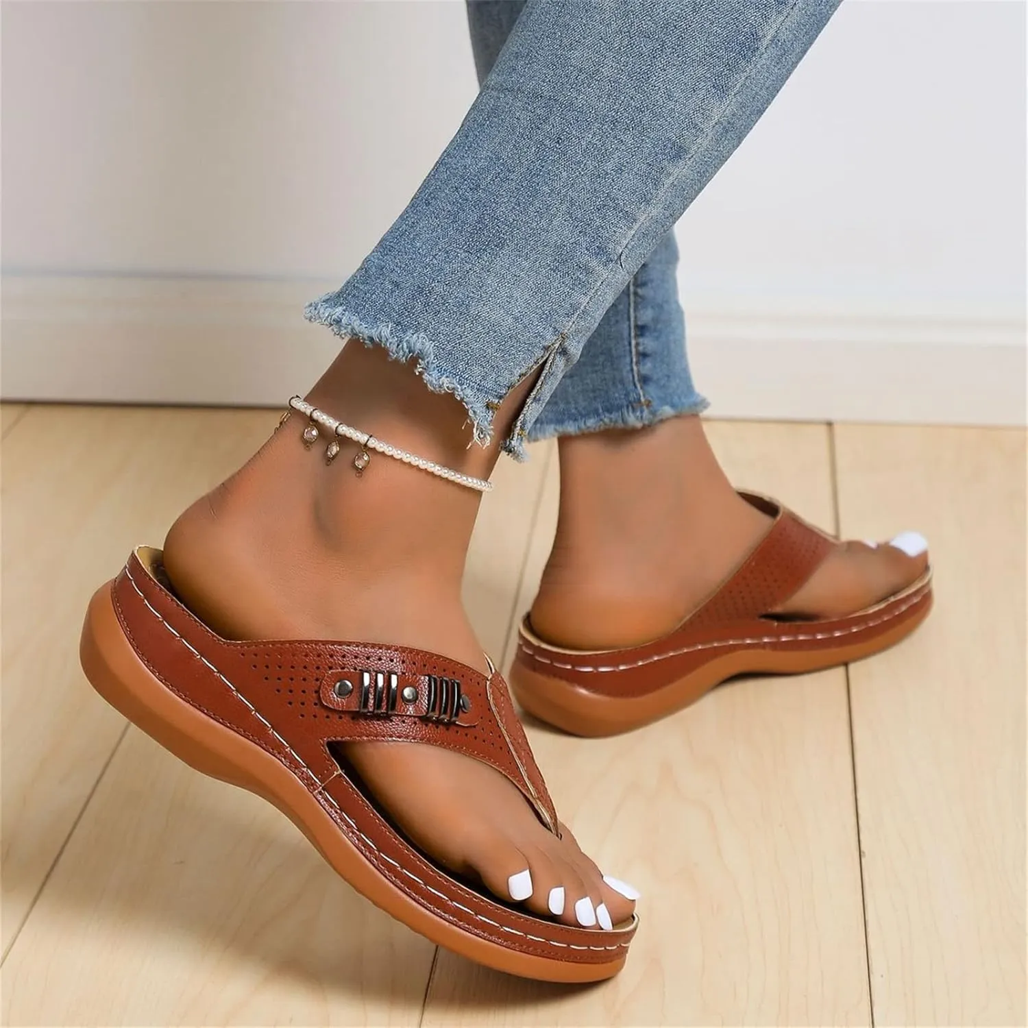 Ladmiple Sandals Women Comfortable Dressy Slip On Flat Sandals Arch Support Orthopedic Orthotic Flip Flops Summer Slides