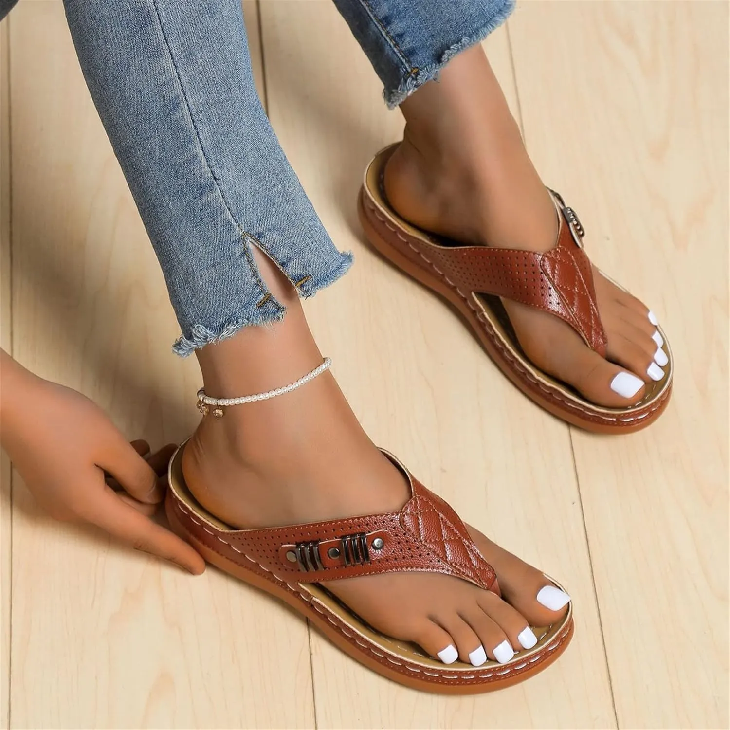 Ladmiple Sandals Women Comfortable Dressy Slip On Flat Sandals Arch Support Orthopedic Orthotic Flip Flops Summer Slides