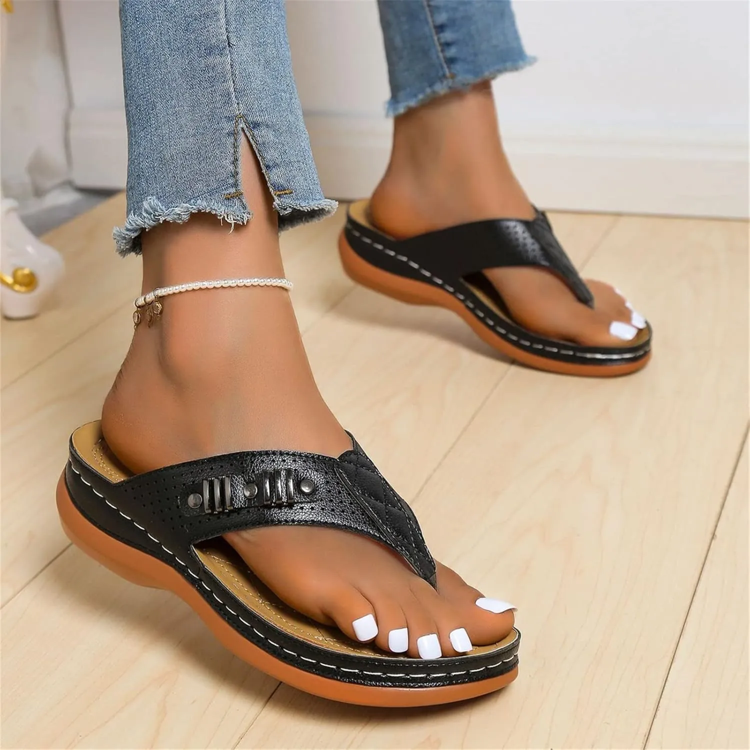 Ladmiple Sandals Women Comfortable Dressy Slip On Flat Sandals Arch Support Orthopedic Orthotic Flip Flops Summer Slides