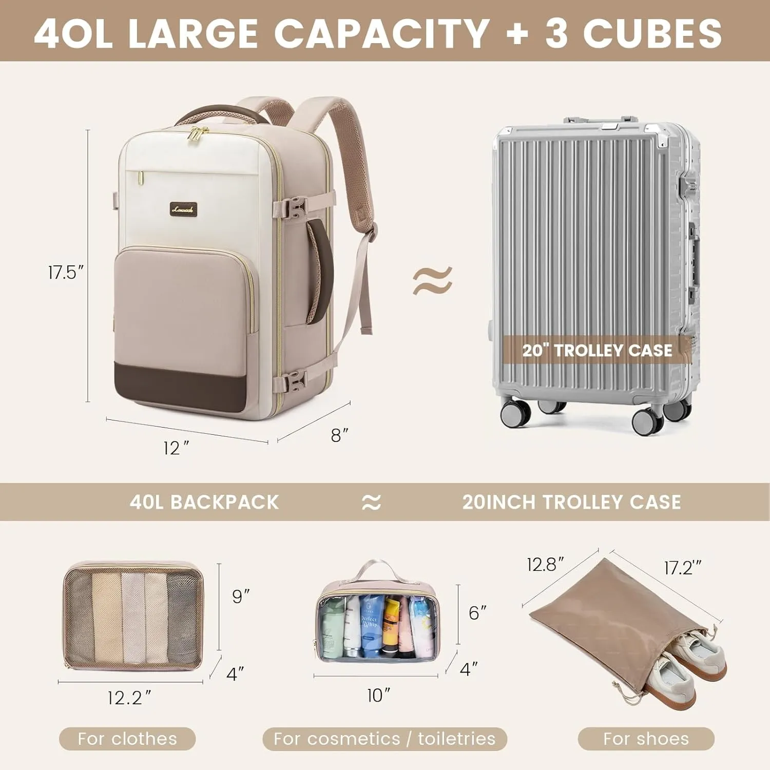 LOVEVOOK Travel Backpack for Women,40L Carry On Backpack Flight Approved,TSA Personal Item Travel Bag Fits 17.3" Laptop with 3 Packing Cubes,Large Waterproof DaypackBeige and nude and coffee