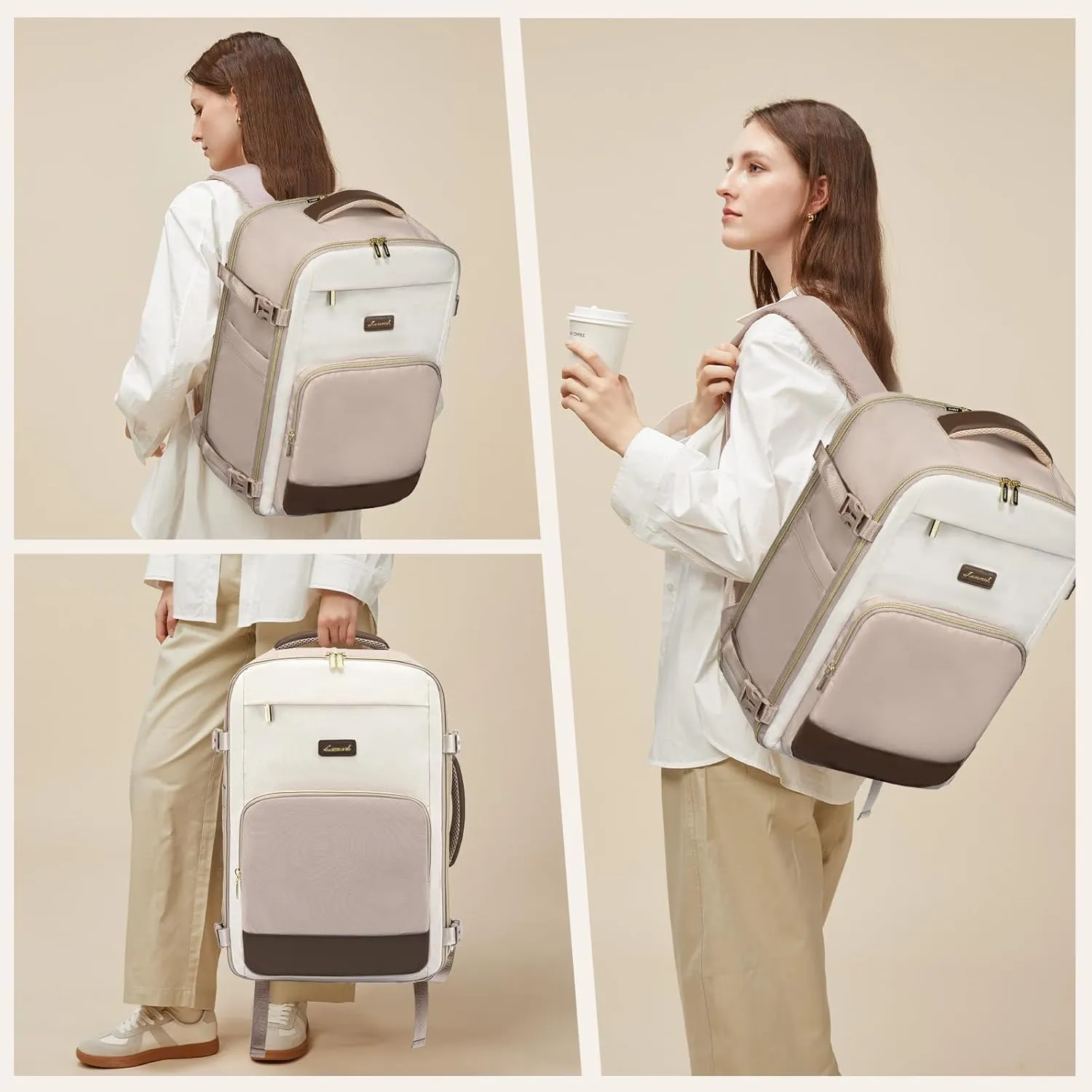 LOVEVOOK Travel Backpack for Women,40L Carry On Backpack Flight Approved,TSA Personal Item Travel Bag Fits 17.3" Laptop with 3 Packing Cubes,Large Waterproof DaypackBeige and nude and coffee