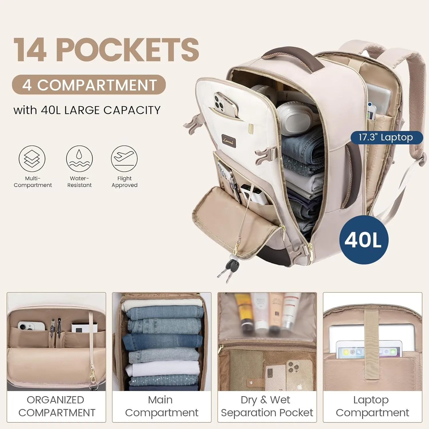 LOVEVOOK Travel Backpack for Women,40L Carry On Backpack Flight Approved,TSA Personal Item Travel Bag Fits 17.3" Laptop with 3 Packing Cubes,Large Waterproof DaypackBeige and nude and coffee