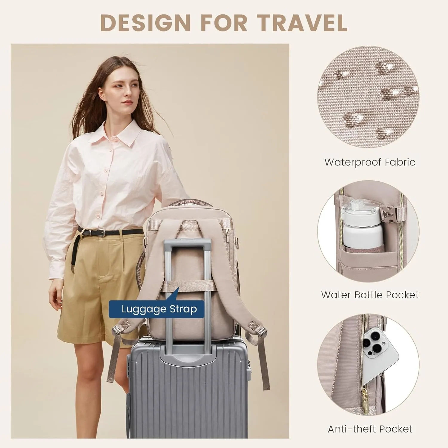LOVEVOOK Travel Backpack for Women,40L Carry On Backpack Flight Approved,TSA Personal Item Travel Bag Fits 17.3" Laptop with 3 Packing Cubes,Large Waterproof DaypackBeige and nude and coffee